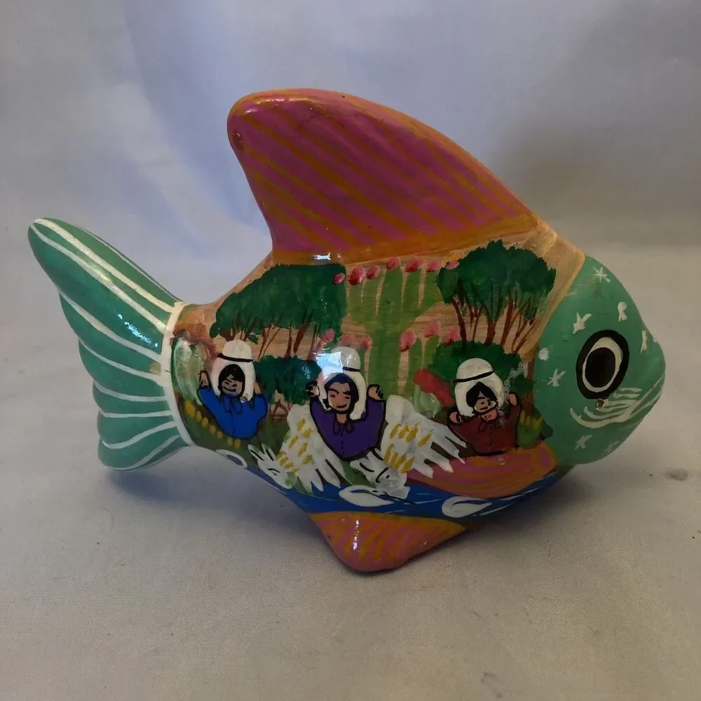 Vintage Folk Art Mexican Red Clay Pottery Fish Figurine Hand Pained Folk Art